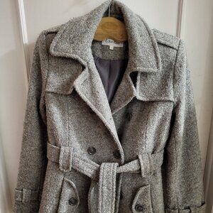 Calvin Klein Grey Textured Wool Blend Belted Peacoat - Small